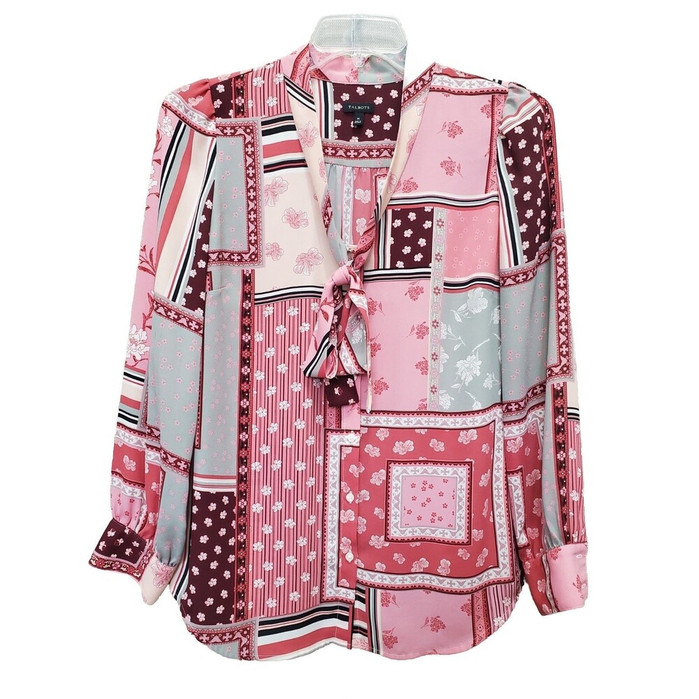 Talbots Rose Patchwork Pattern Tie Neck Long Slee… - image 1